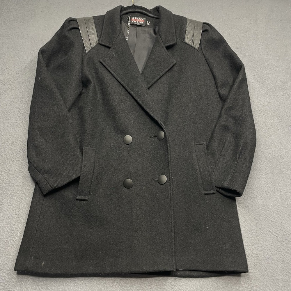 Vtg NY Girl Wool Pea Coat Sz‎ 16 Knee Length Retro Leather Accent Union Made USA